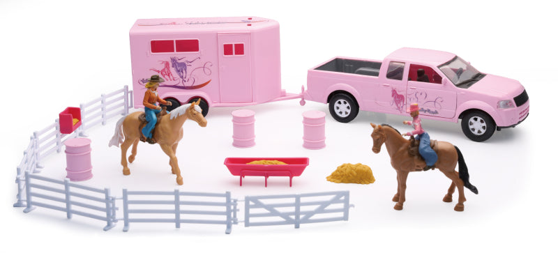 New Ray Toys Valley Ranch Set with Pink Pickup Truck and Short Horse Trailer Set