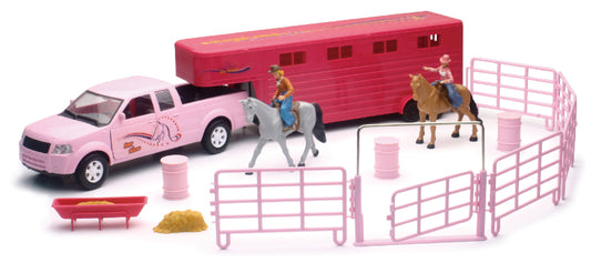 New Ray Toys Valley Ranch Set with Pink Pickup Truck and Long Horse Trailer Set