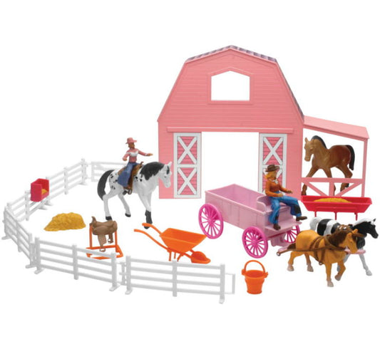 New Ray Toys Valley Ranch Set with Pink Barn, Horses, Cowgirls and Fences/ Scale 1:32