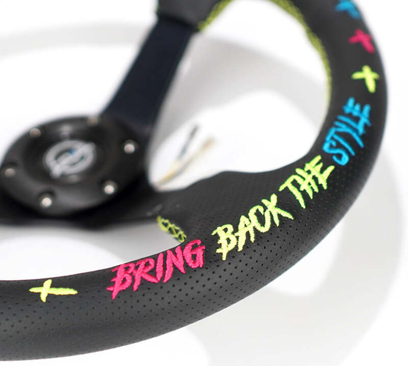 NRG Reinforced Steering Wheel - Oak Tree Outlaws 3in Deep/5mm Blk Spoke 350mm Wheel - Blk Perf Lthr