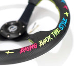 NRG Reinforced Steering Wheel - Oak Tree Outlaws 3in Deep/5mm Blk Spoke 350mm Wheel - Blk Perf Lthr