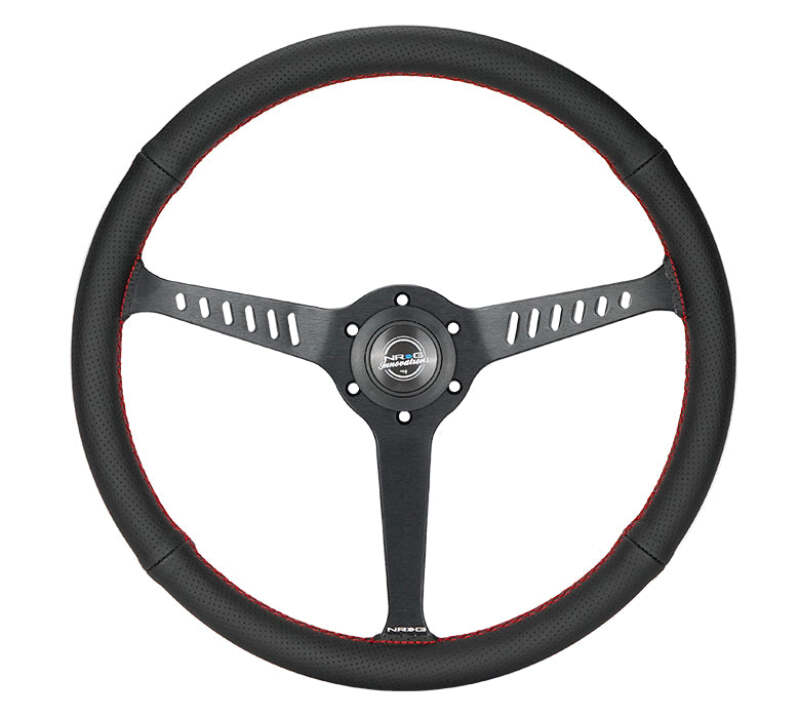 NRG Reinforced Stealth Wheel (380mm) 3 Spoke Center - 1in Deep Dish - Perforated Leather Red Stitch