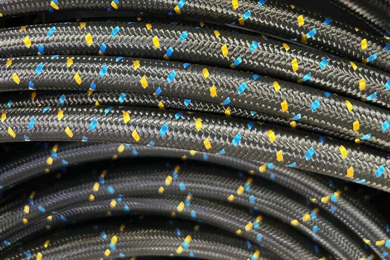 GReddy AN06 REUSABLE HOSE NYLON BRAIDED BLACK/GOLD/BLUE (PRICE PER FOOT)