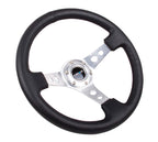 NRG Reinforced Steering Wheel (350mm/3in. Deep) White Leather w/Blk Spoke/Round Holes/White Stripes