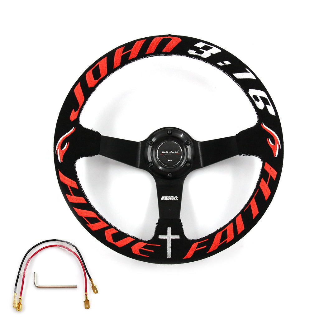 Universal 350mm 3"Deep Dish 6-Bolt Steering Wheel Black Suede Have Faith - Bull Boost Performance