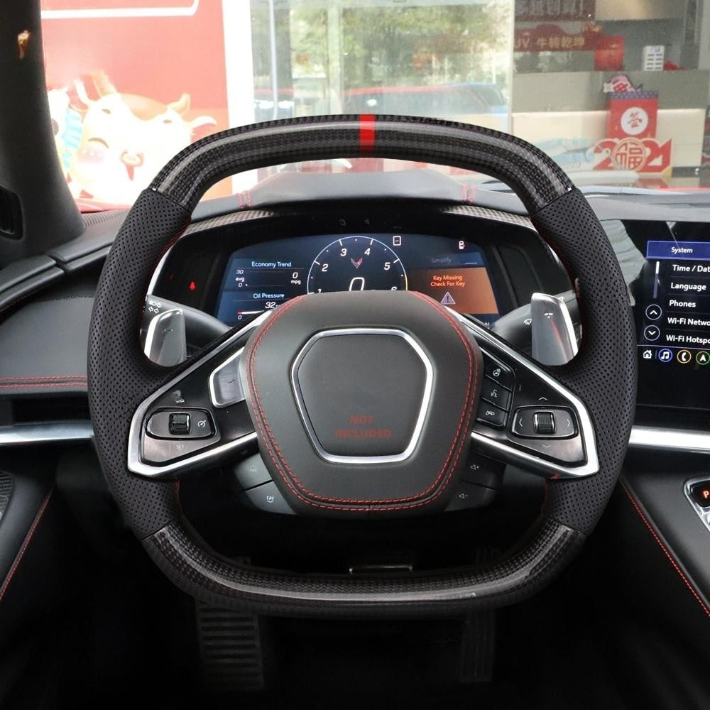 Real Carbon Fiber Steering Wheel for Chevrolet Corvette C8 Z06 Z51 2020–2026 with Red Center Stripe (Non-Heated)