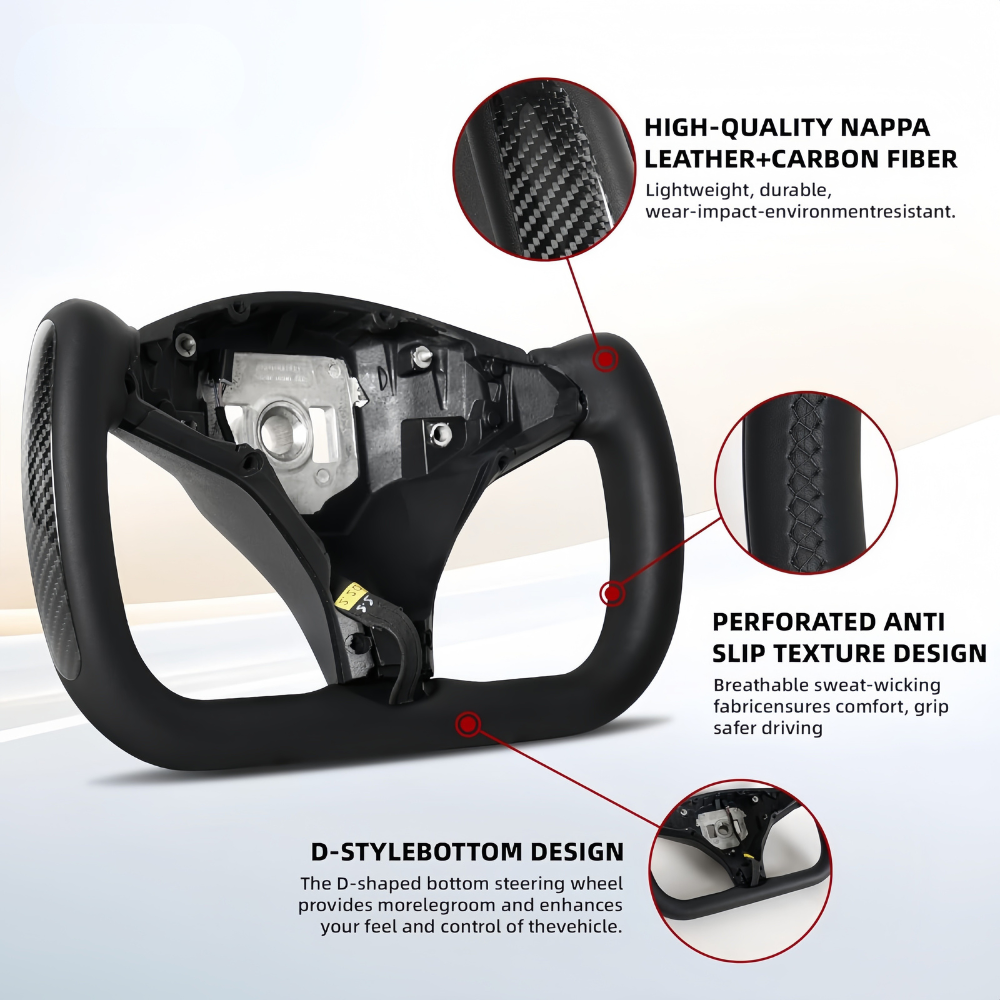 Black or White Yoke Full Leather Heated Steering Wheel with Carbon Fiber for Tesla Model S 2014–2020 & Model X 2016–2020
