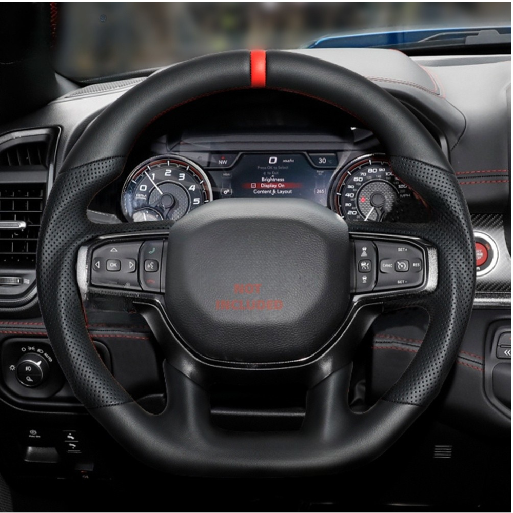 Black Full Leather Heated Steering Wheel with Red Center Stripe for Ram 1500 Rebel 2019-2024