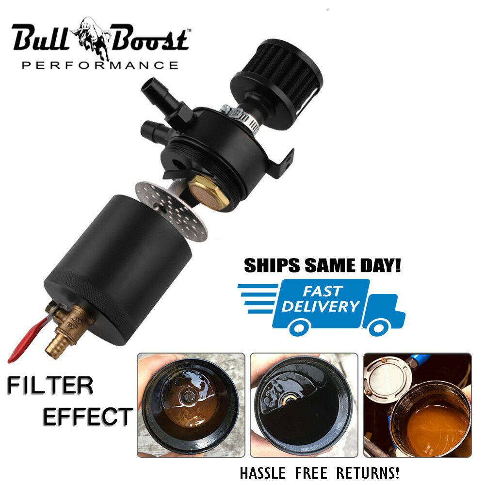 Black Aluminum Oil Catch Can Reservoir Tank Baffled Breather Kit 2-Port + Air Filter - Bull Boost Performance