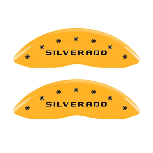 MGP Front set 2 Caliper Covers Engraved Front Silverado Yellow finish black ch