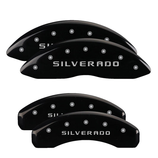 MGP 4 Caliper Covers Engraved Front & Rear Silverado Black finish silver ch