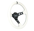 NRG Reinforced Steering Wheel (350mm/3in. Deep) White Leather w/Blk Spoke/Round Holes/White Stripes