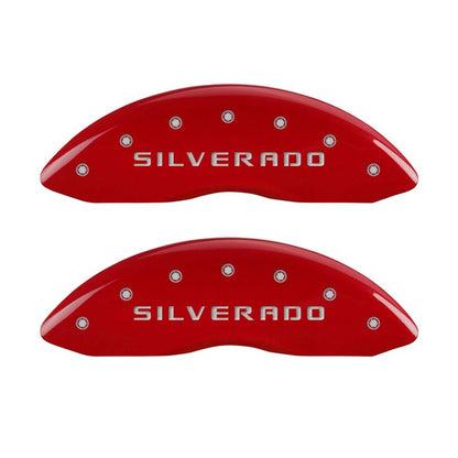 MGP 4 Caliper Covers Engraved Front & Rear Silverado Red finish silver ch