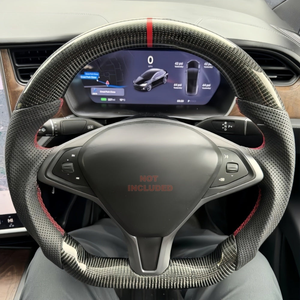 Real Carbon Fiber Sport Steering Wheel for Tesla Model S 2014–2020 & Model X 2016–2020 Black Leather Heated