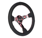 NRG Reinforced Steering Wheel (350mm/3in.) Hydro Dipped Sakura Floral w/ Pink Suede Black Stitch