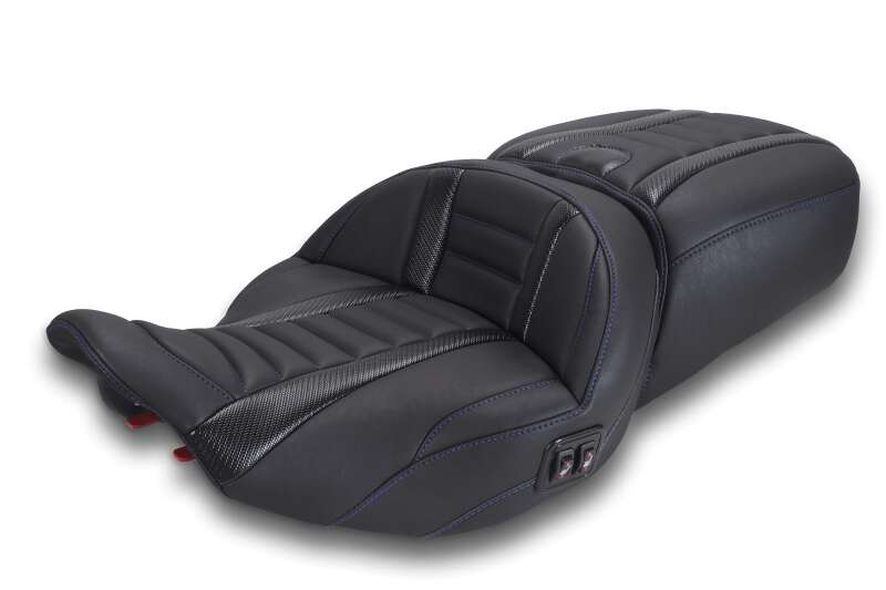 Mustang 23-26 Harley CVO Road Glide, Street Glide, Heated ST Deluxe 1pc 2Up Blk w/Sky Blue Thread