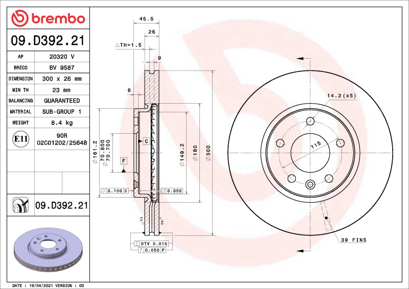 Brembo OE 14-15 Chevrolet Cruze/19-22 Equinox/Malibu/21-24 Trailblazer UV Coated Brake Disc - Front