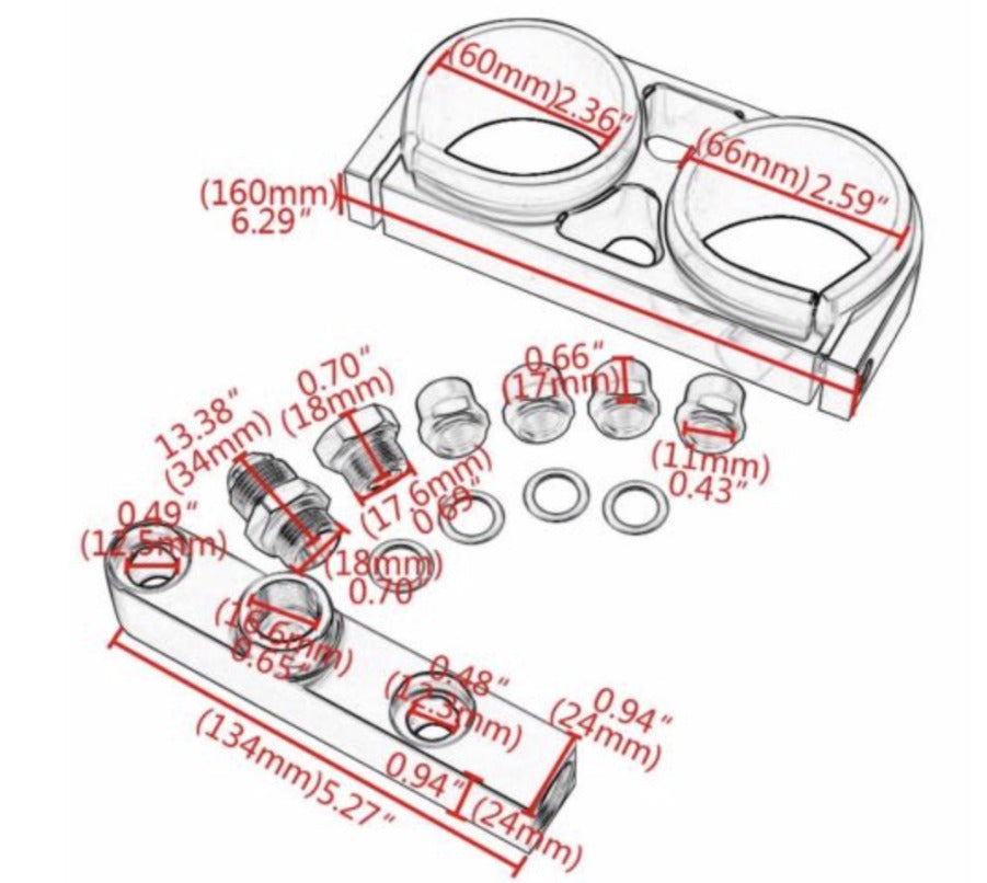 Billet Twin Dual Bosch 044 380lph AEM Fuel Pump Outlet Manifold Mounting Bracket - Bull Boost Performance