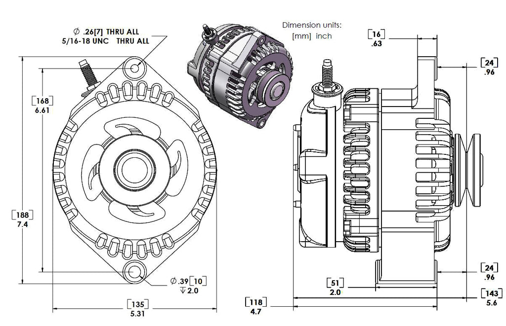 Marine 170 amp high output alternator for Ski / Wake Board Boats with 12SI 6.61 inch bolt pattern 6-Grove Serpentine Pulley