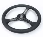 NRG Reinforced Black Perforated Leather Steering Wheel 350mm / 1.5in Deep w/ Goal Digger Blk Stitch
