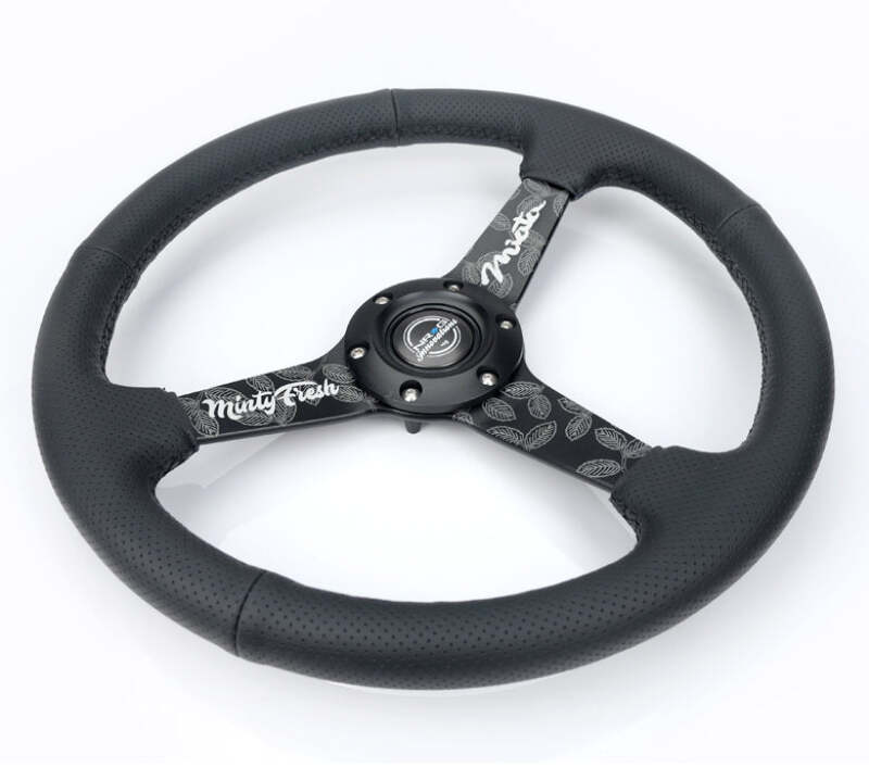 NRG Reinforced Black Perforated Leather Steering Wheel 350mm / 1.5in Deep w/ Goal Digger Blk Stitch