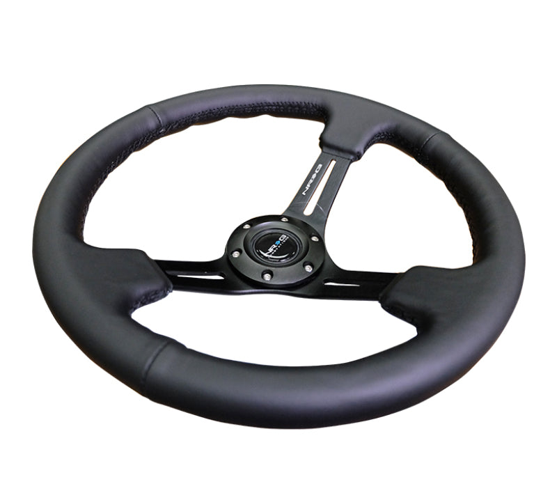 NRG Reinforced Steering Wheel (350mm / 3in. Deep) Blk Leather/Red Stitch w/Neochrome Slits