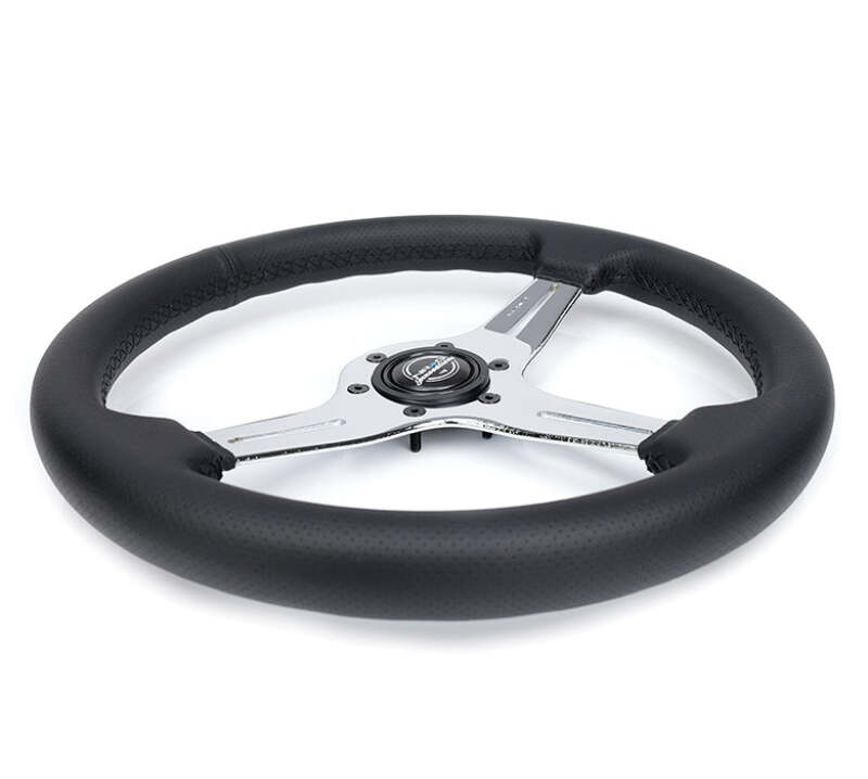 NRG Light Weight Gaming Steering Wheel - 350mm 3 Chrome Silver Spokes Perforated Leather