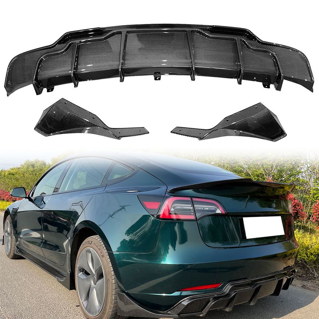 2017-2024 Tesla Model 3 Rear Diffuser with Aprons  IKON Style 3PC