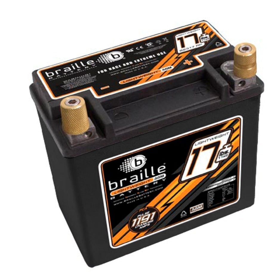 BRAILLE BRBB2317  Battery, Lightweight, AGM, 12V, 1191 Pulse Cranking amps, Threaded Terminals, Top Terminal,