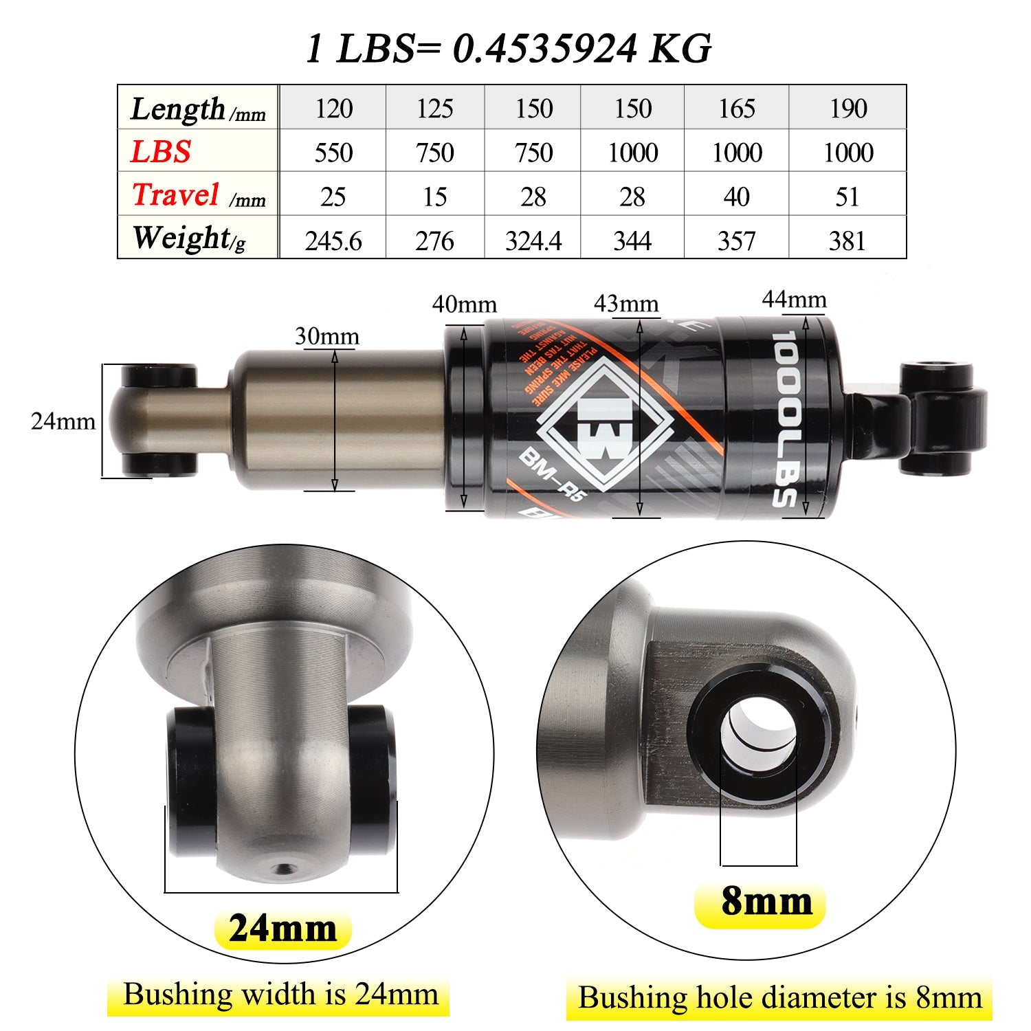 Bicycle Hydraulic Rear Shock Absorber 120/125/150/165/190mm