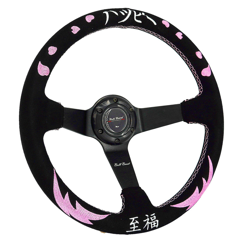 Heart Bliss Universal 350mm 3" Deep Dish 6-Bolt Steering Wheel Black Suede - Bull Boost Performance
