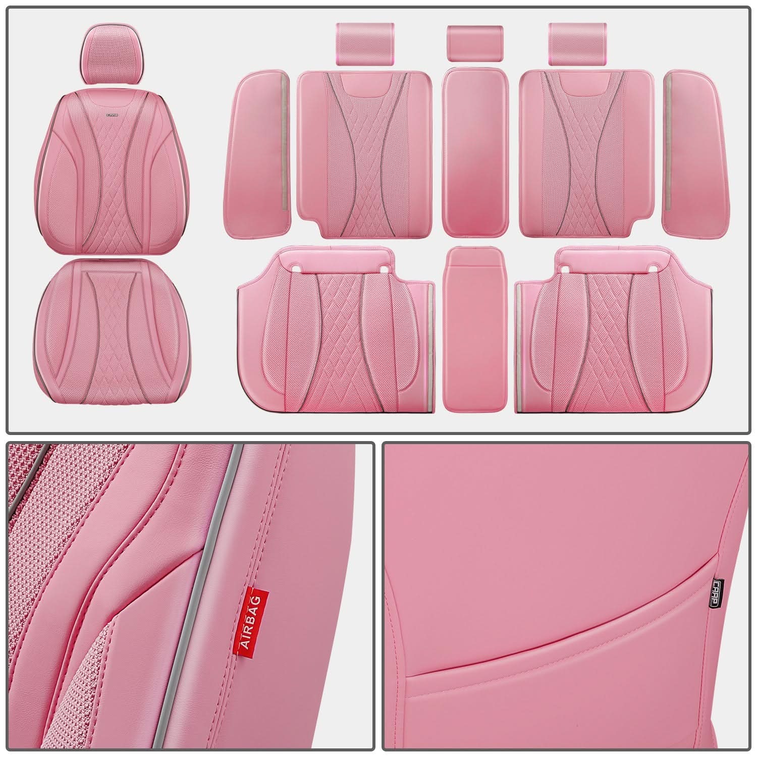 Diamond Stitch Mesh Fabric Leatherette Seat Covers Full Set - Pink