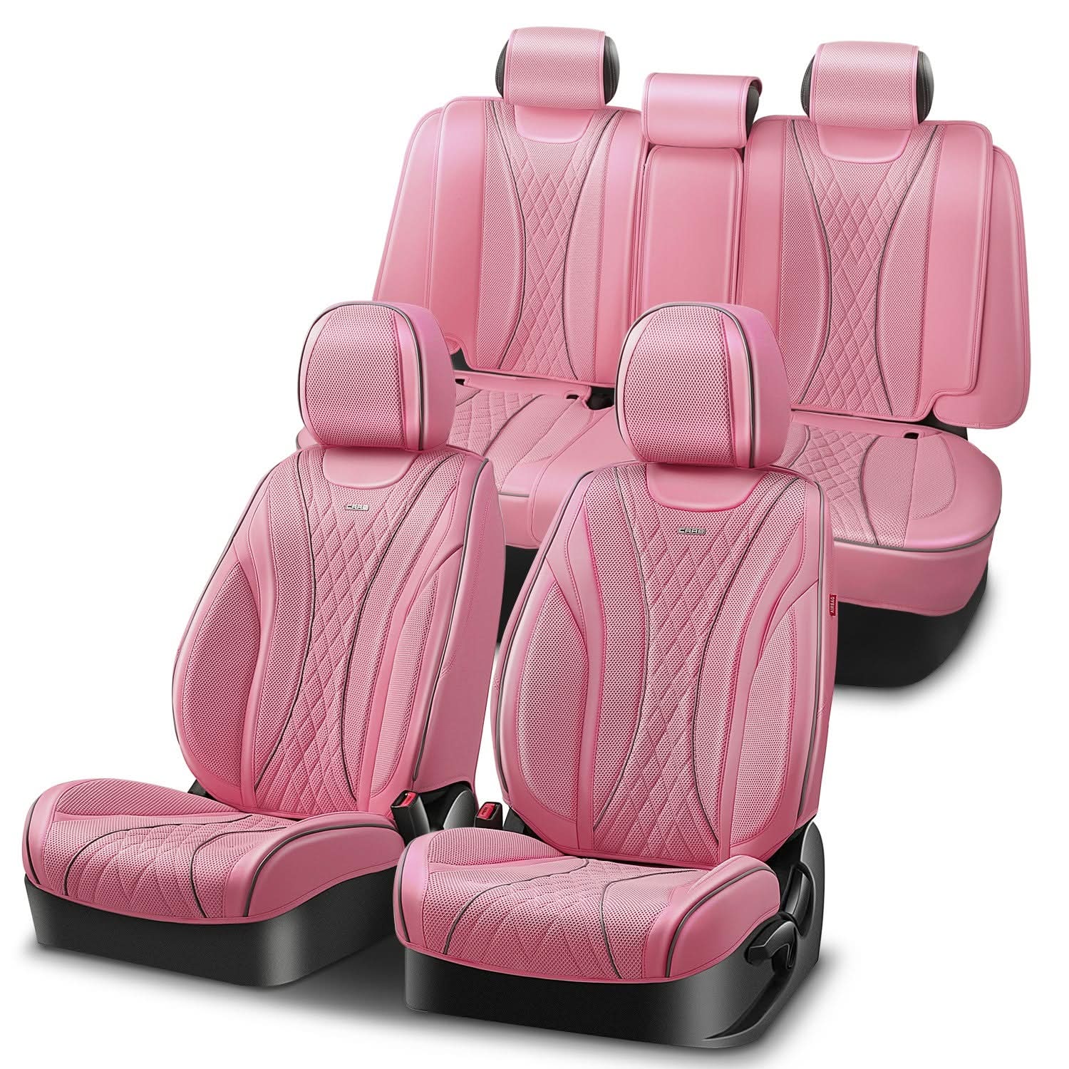 Diamond Stitch Mesh Fabric Leatherette Seat Covers Full Set - Pink