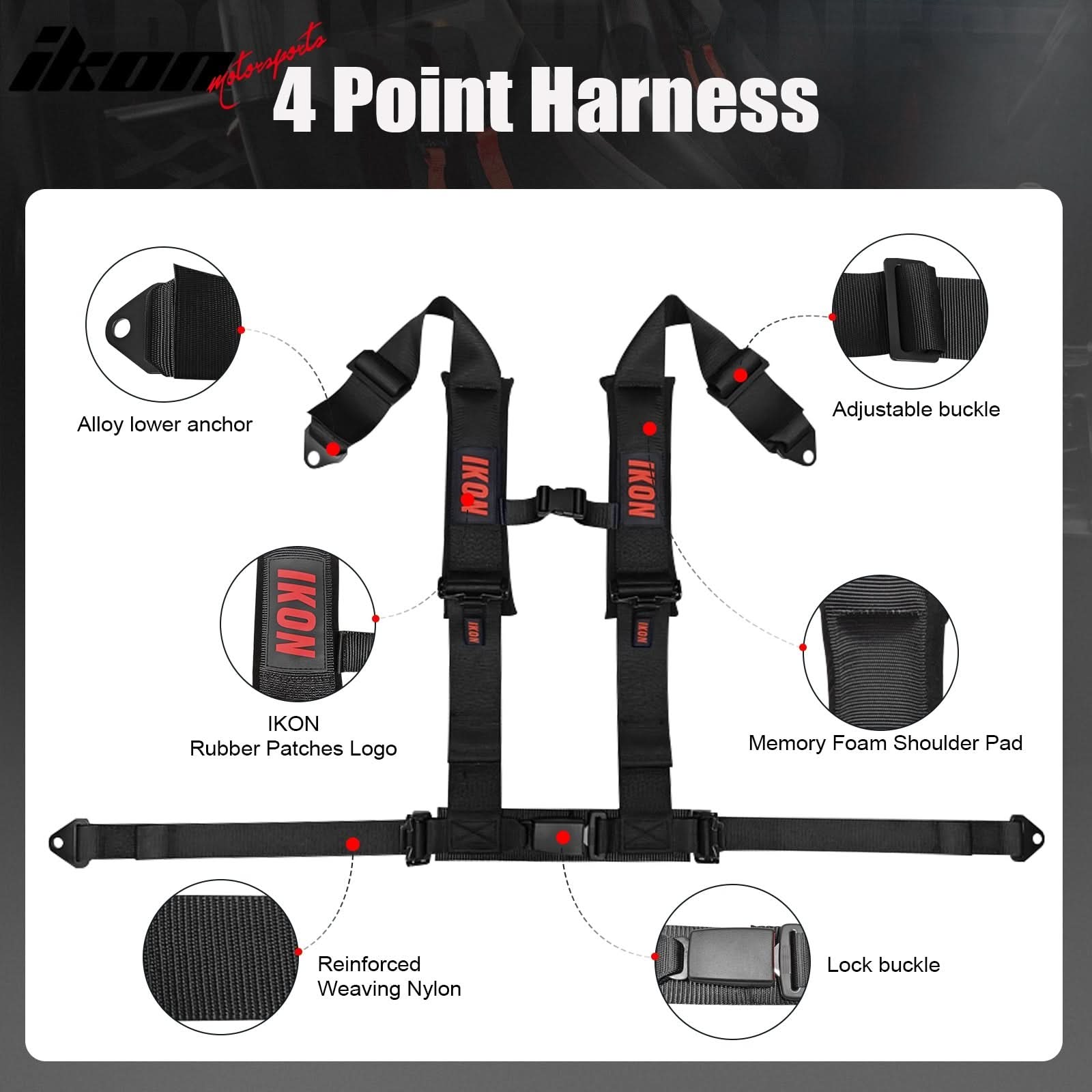 Universal 3" Wide 4 Point Buckle Racing Seat Belt Harness Nylon Black
