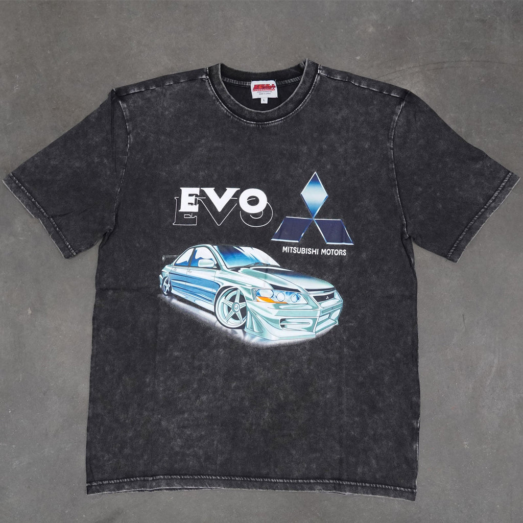 Vintage Acid Wash 250GSM Mad Engine Mitsubishi Evo Heavy Cotton Pre Shrunk T Shirt - Bull Boost Performance
