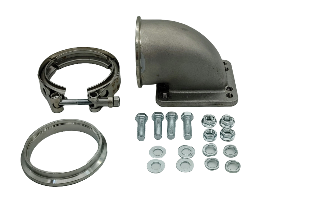 Motor Sports Turbo Adapter, 90^ Cast Elbow. 3.0" V-Band to T3/T4 Housing, Threaded - Granatelli Motor Sports