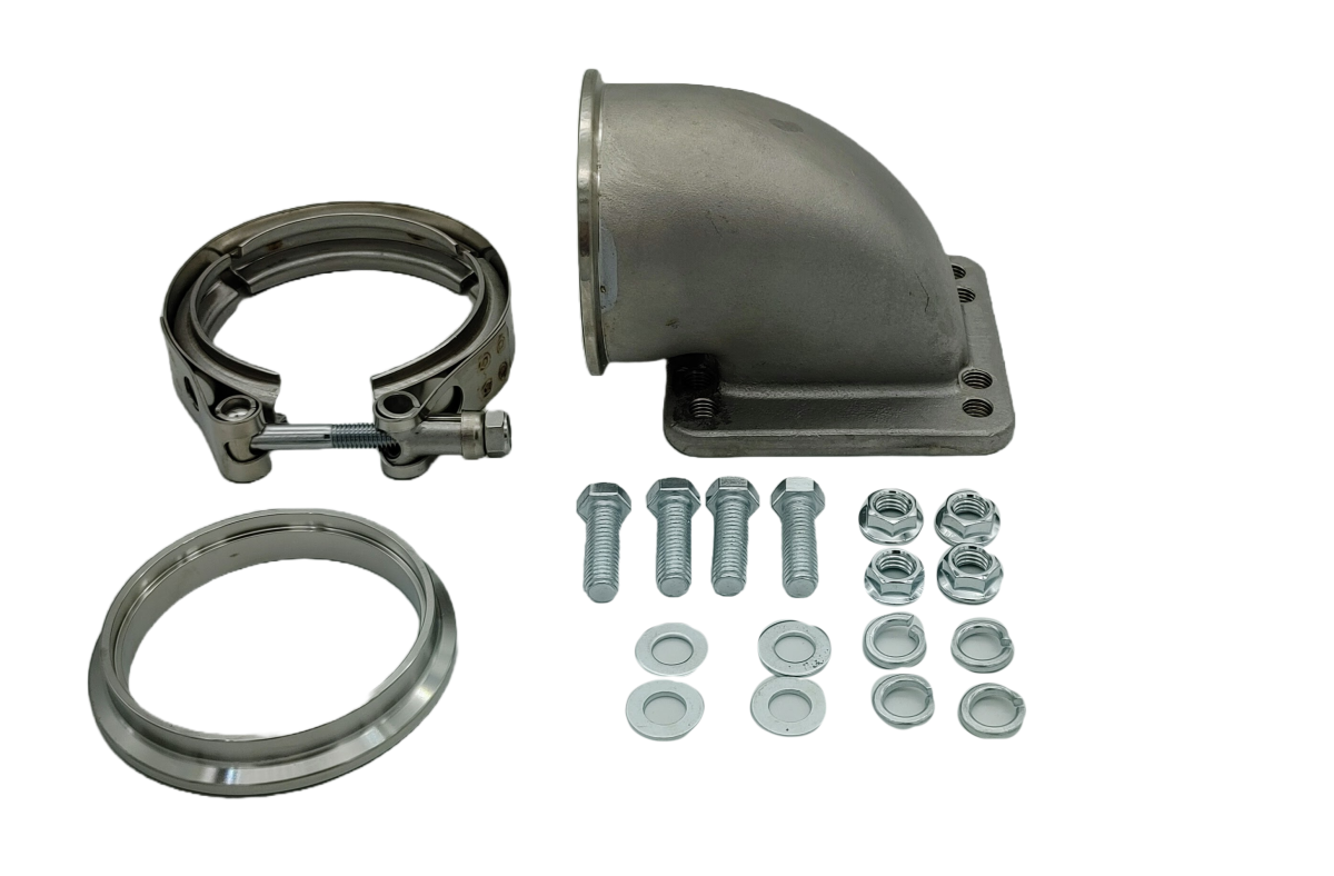 Motor Sports Turbo Adapter, 90^ Cast Elbow. 3.0" V-Band to T3/T4 Housing, Threaded - Granatelli Motor Sports