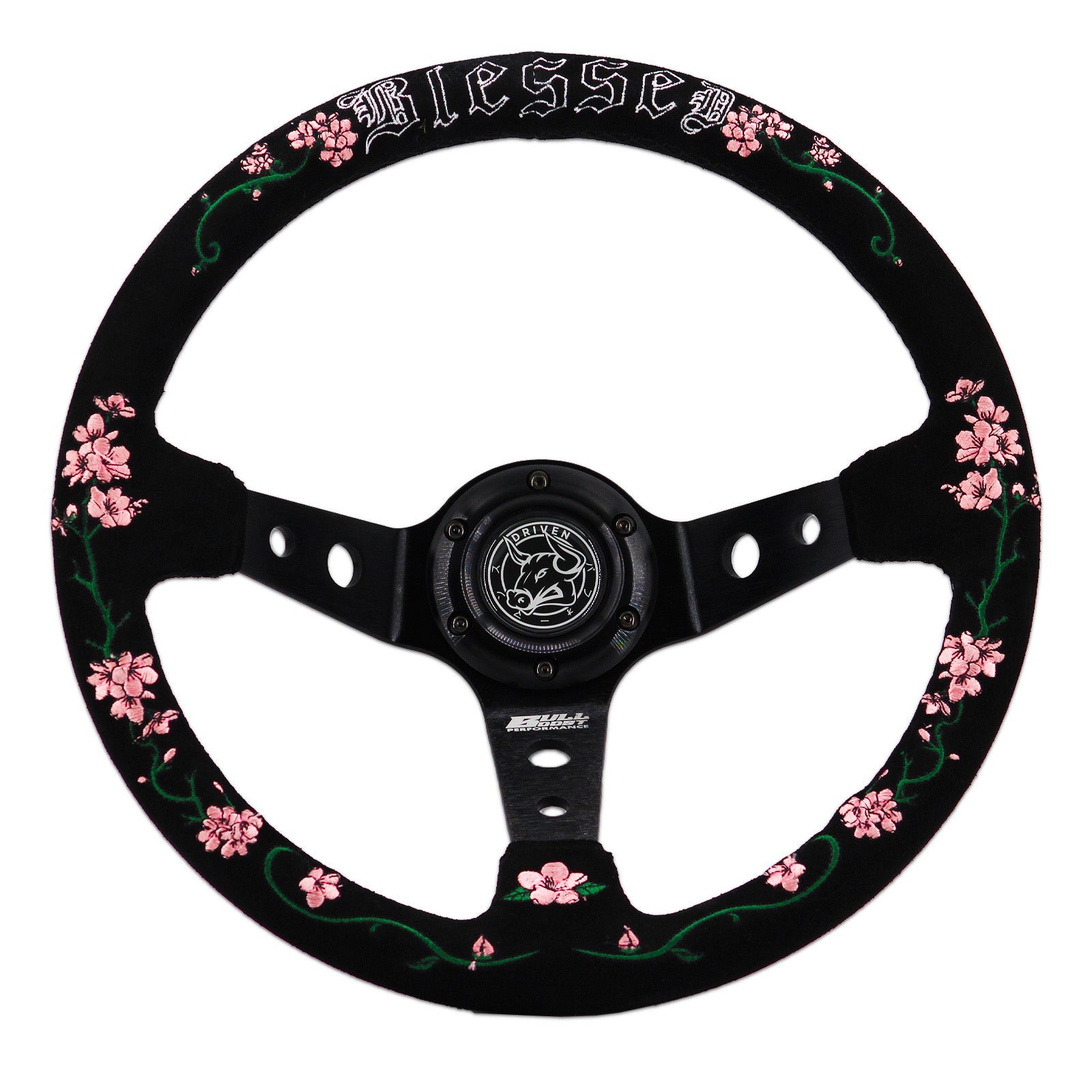 Blessed Universal 350mm 3" Deep Dish 6-Bolt Steering Wheel Red Suede Alcantara - Bull Boost Performance