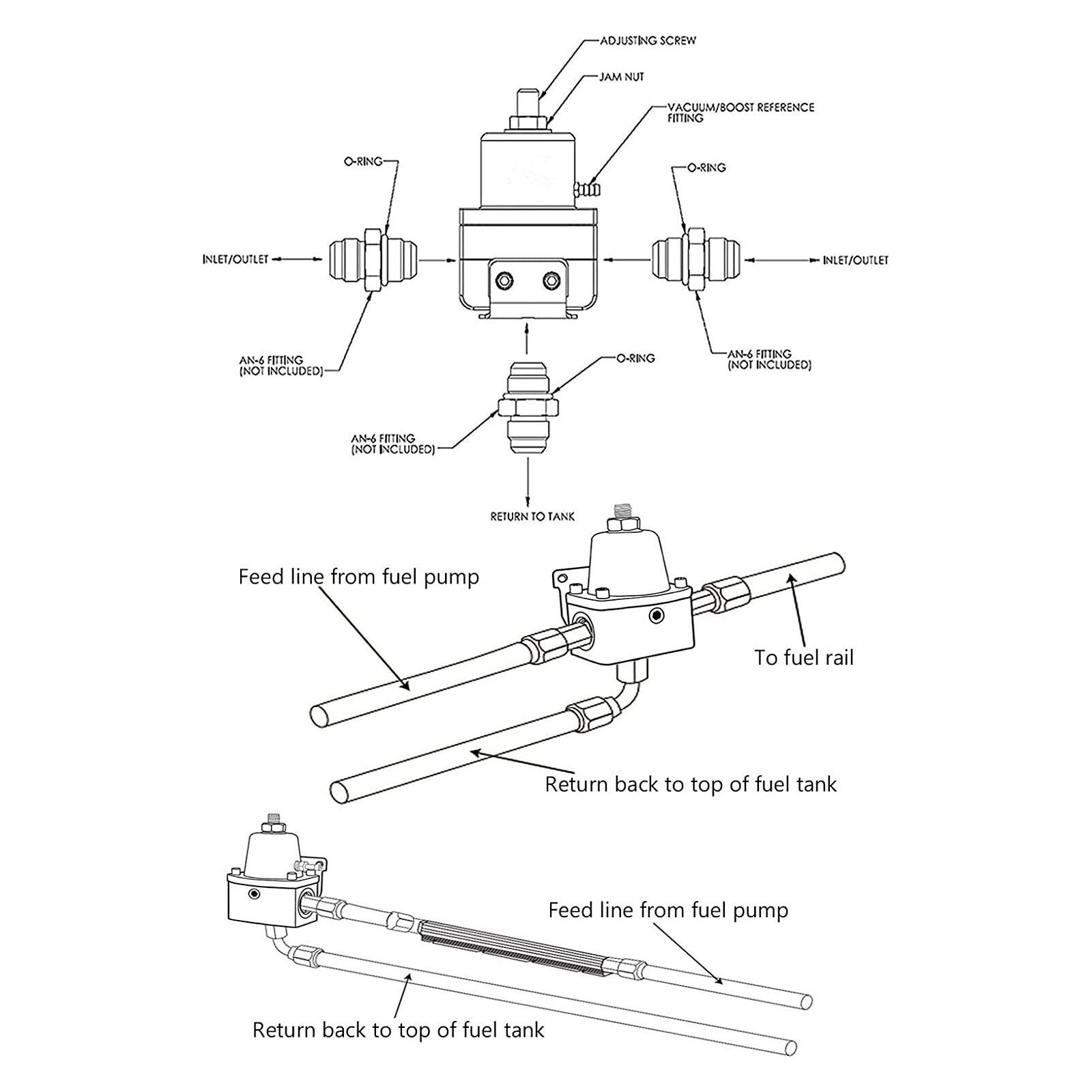 Universal Adjustable Fuel Pressure Regulator Kit W/ 100PSI Oil Gauge AN-6 Hoses - Bull Boost Performance
