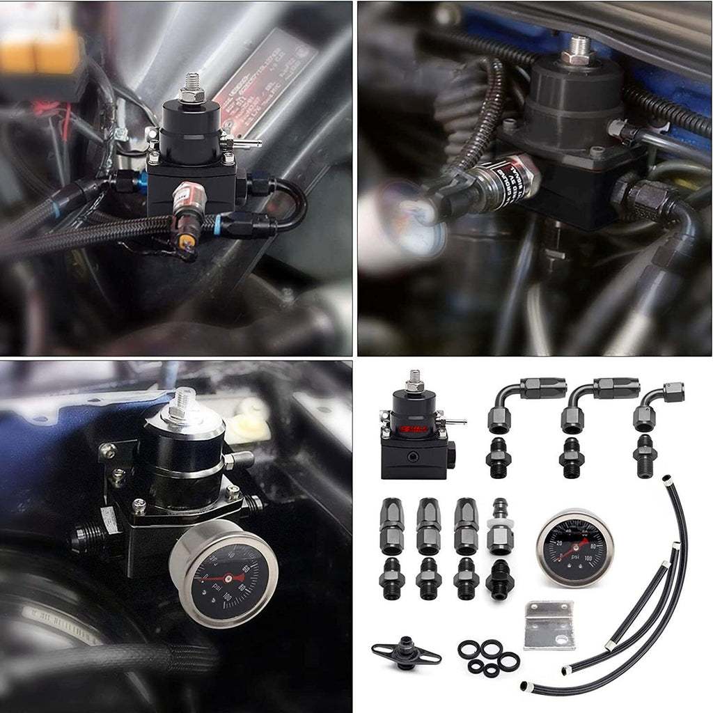 Universal Adjustable Fuel Pressure Regulator Kit W/ 100PSI Oil Gauge AN-6 Hoses - Bull Boost Performance