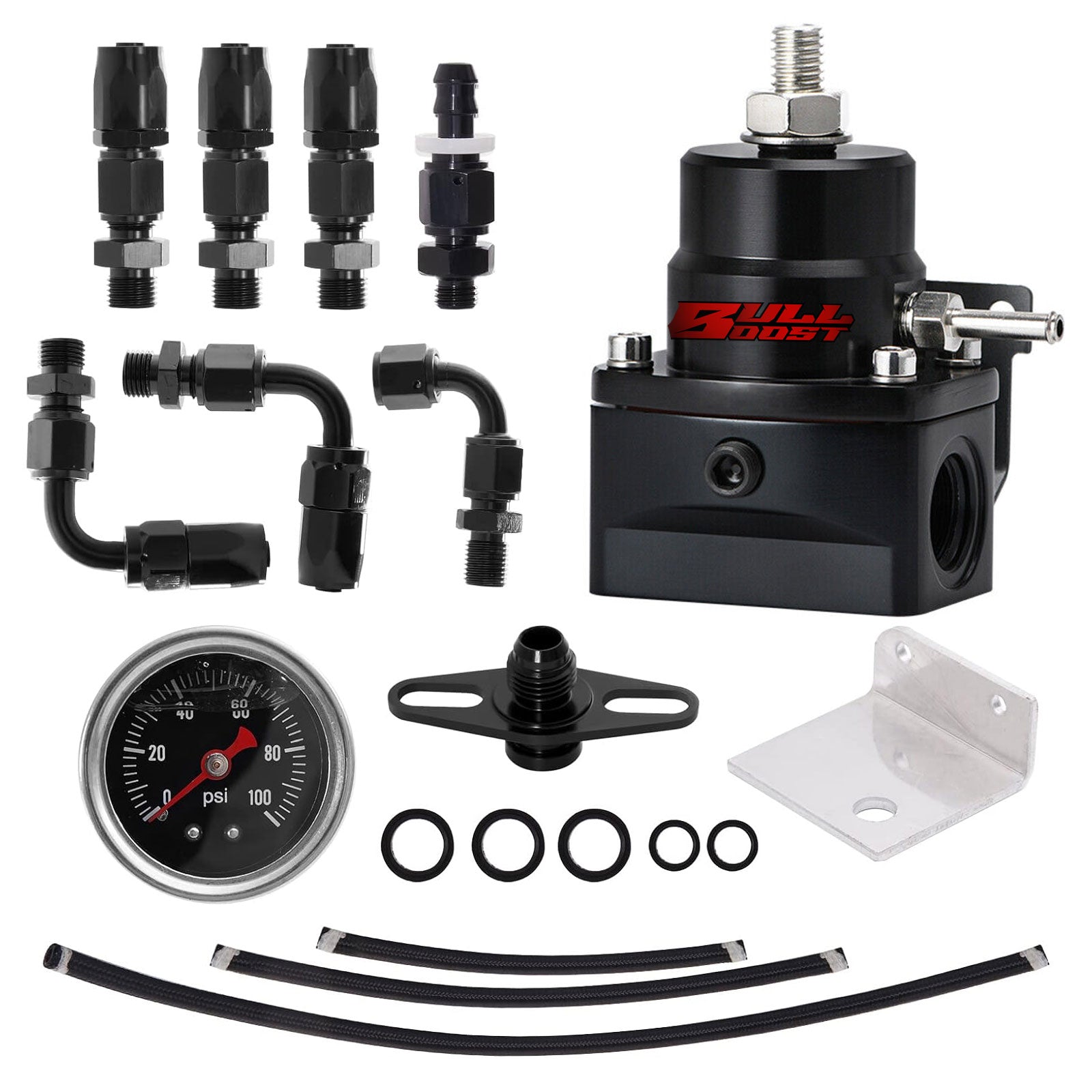 Universal Adjustable Fuel Pressure Regulator Kit W/ 100PSI Oil Gauge AN-6 Hoses - Bull Boost Performance