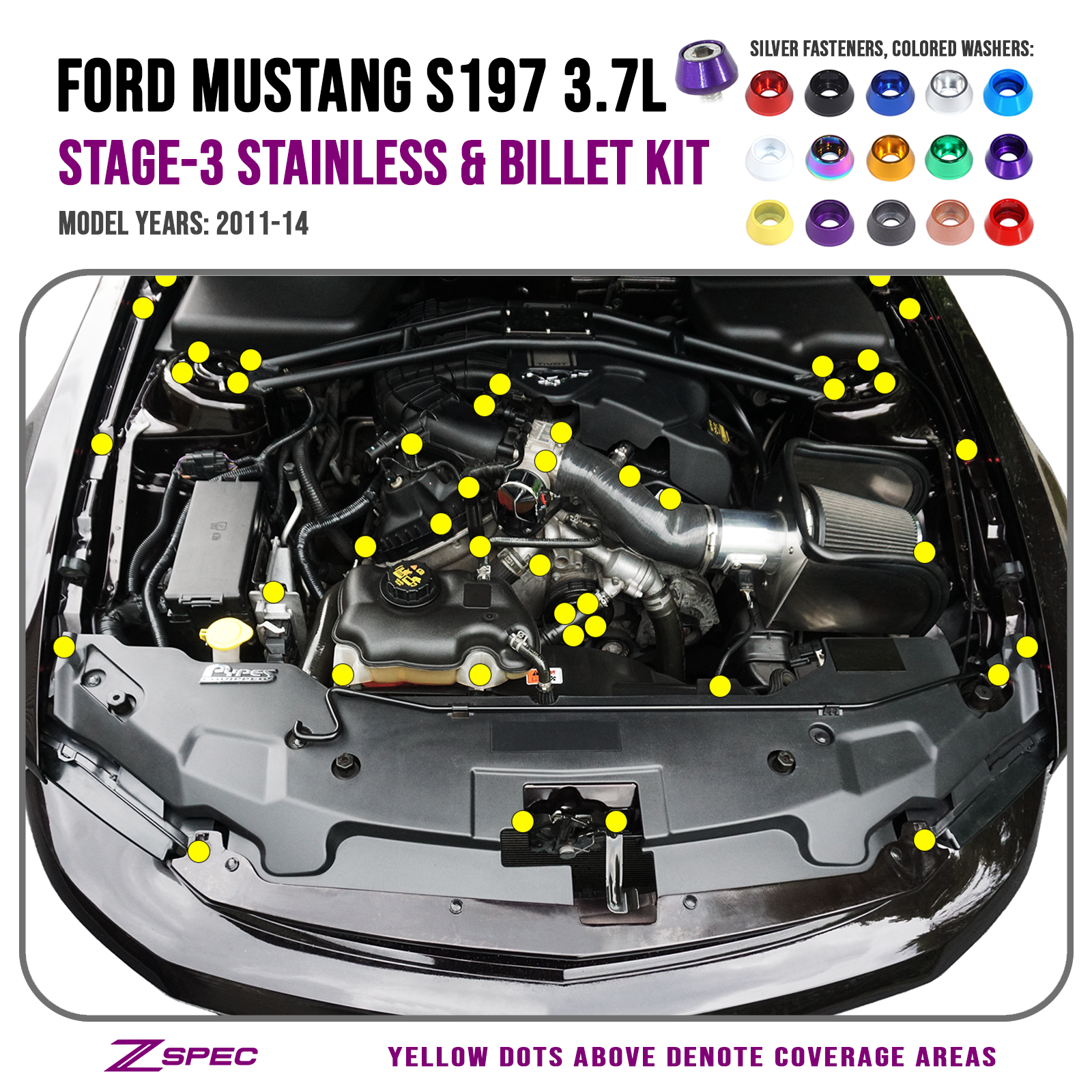 ZSPEC "Stage 3" Dress Up Bolts® Fastener Kit for '11-14 Ford Mustang V6 S197, Stainless & Billet