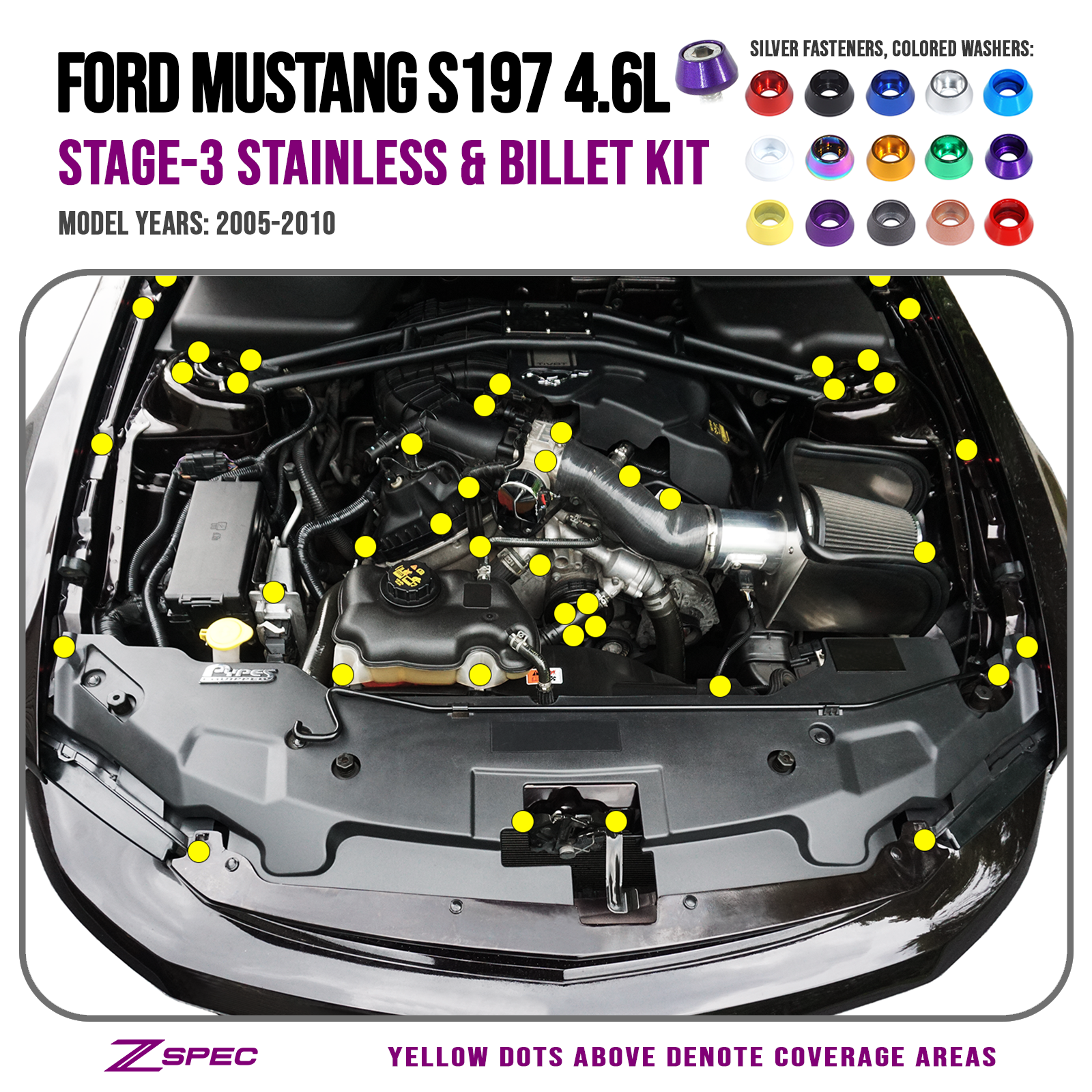 ZSPEC "Stage 3" Dress Up Bolts® Fastener Kit for 11-14 Ford Mustang 3.7L S197, Stainless & Billet