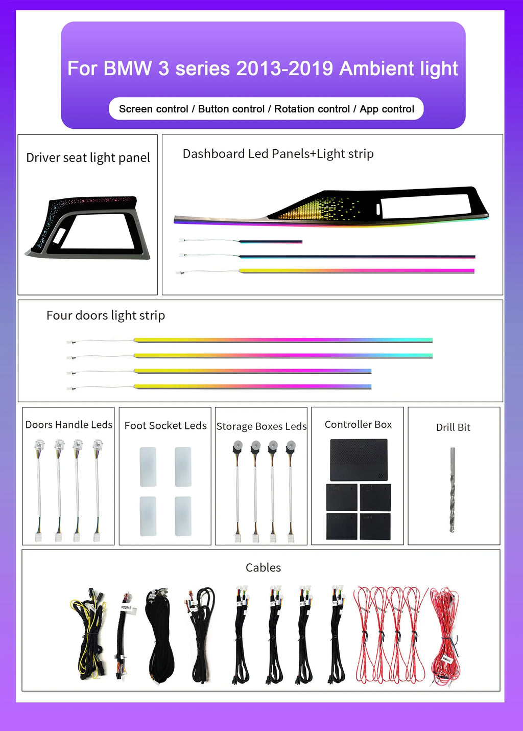 BMW 3 Series F30 RHD Interior 64-Color Dynamic Symphony LED Ambient Light Kit with Armrest Trim 2013 - 2019