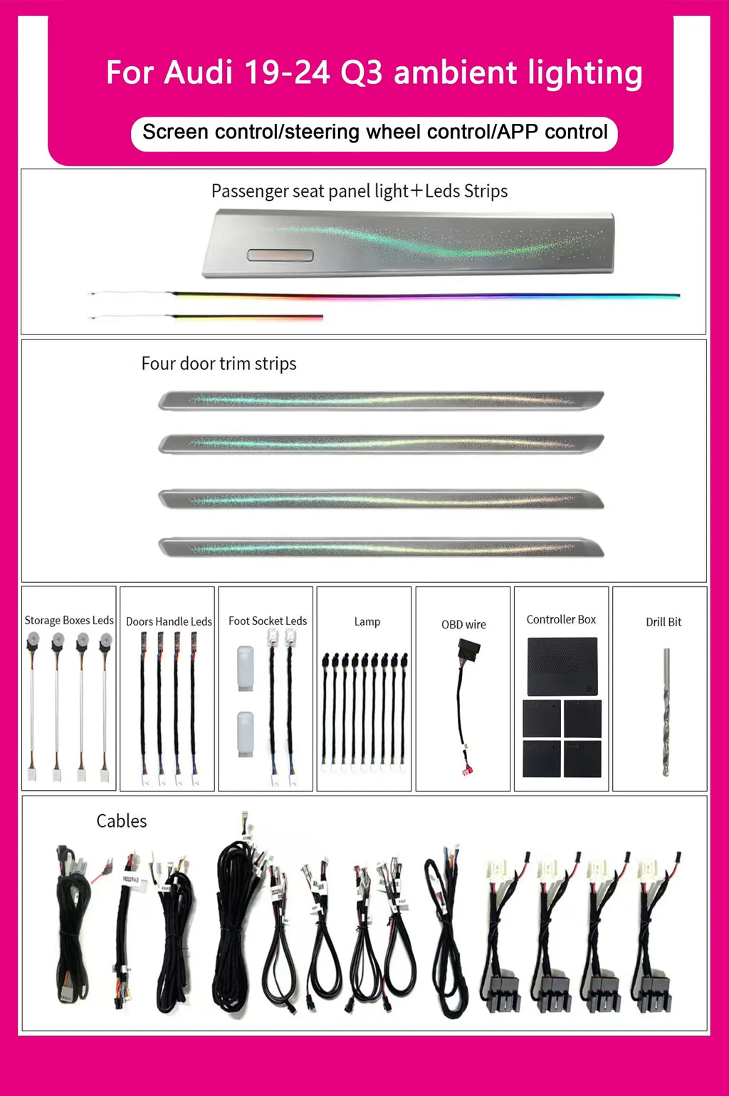 Audi Q3 Interior 64-Color Symphony Rainbow Dynamic LED Ambient Light Kit 2019 - 2025