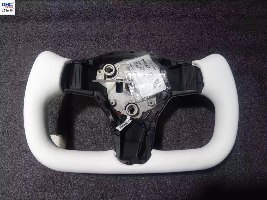 Leather Yoke Heated Steering Wheel for Tesla Model 3/Y White Black Carbon Patches