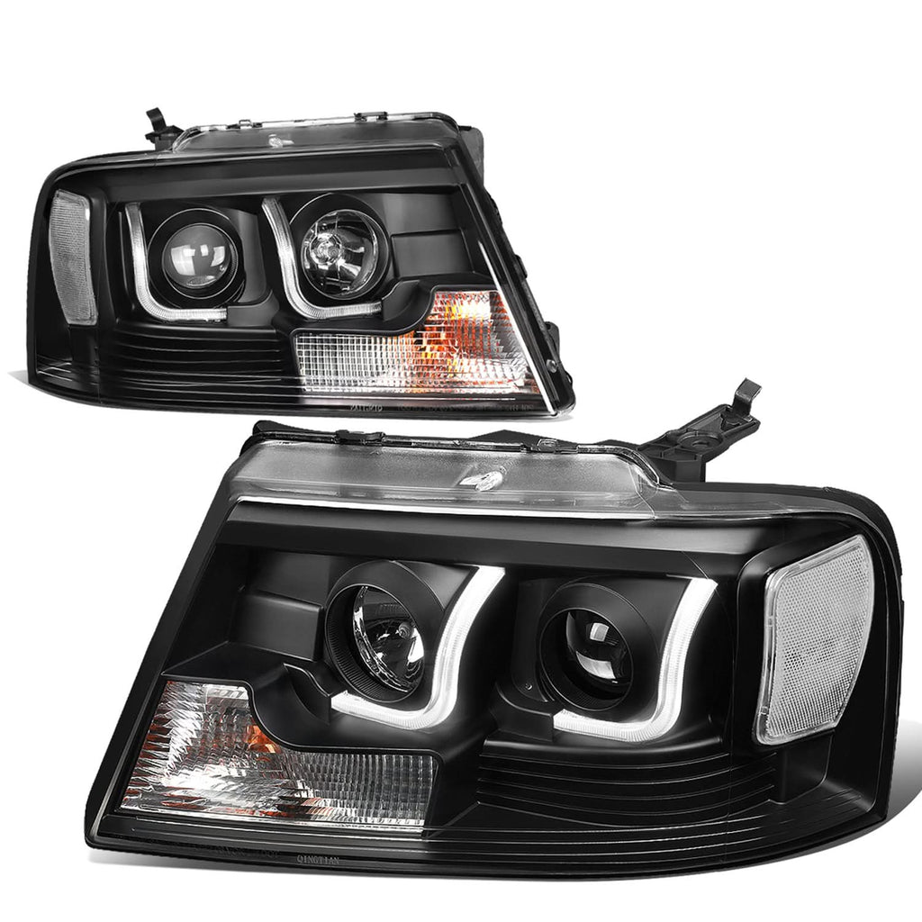 04-08 Ford F-150 3D LED J-Bar Halo Projector Headlights Black Housing