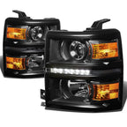 14-16 Chevy Silverado LED Projector Headlights Black Housing Amber