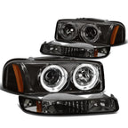 99-07 GMC Sierra Yukon LED Dual Halo Projector Headlights Smoke