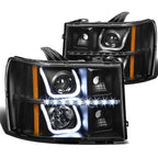 07-13 GMC Sierra LED U-Bar Halo Projector Headlights Black Housing